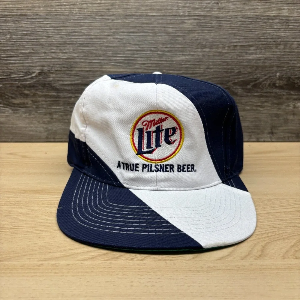 Vintage Miller Lite Hat Cap Strap Back Blue White Beer Advertising Pilsner 90s